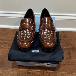 Prada Tabacco Studded Loafers 36.5 Excellent Condition